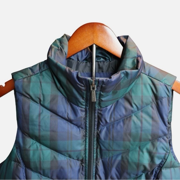 Lands’ End Puffer Vest Cozy Full Zip Snap Pockets Blue Green Plaid Check Size XS - Picture 7 of 15